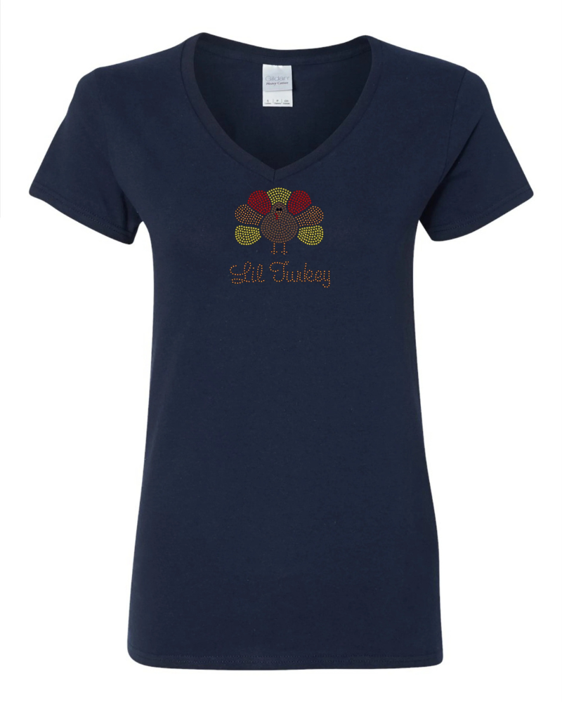 Lil Turkey Bling Apparel – Ladies V-Neck Tee, Unisex Crewneck, Ladies Long Sleeve V-Neck Shirt, Unisex Sweatshirt
