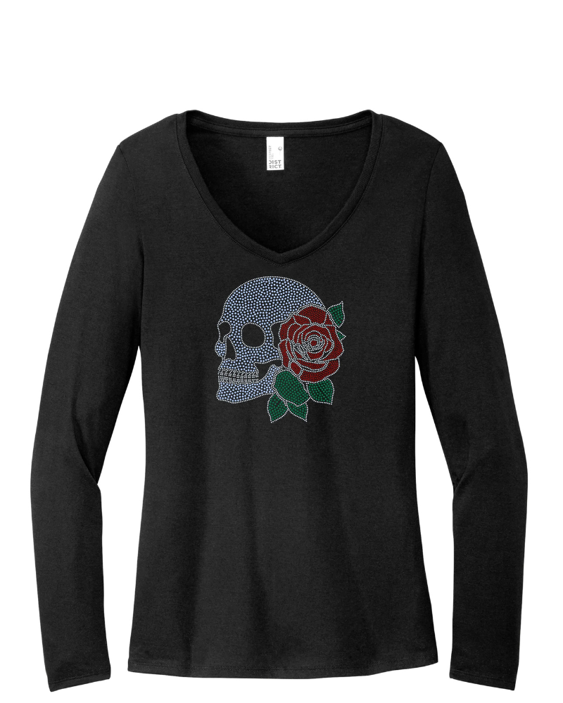Skeleton with Rose Skull Apparel – Ladies V-Neck Tee, Unisex Crewneck, Ladies Long Sleeve V-Neck Shirt, Unisex Sweatshirt
