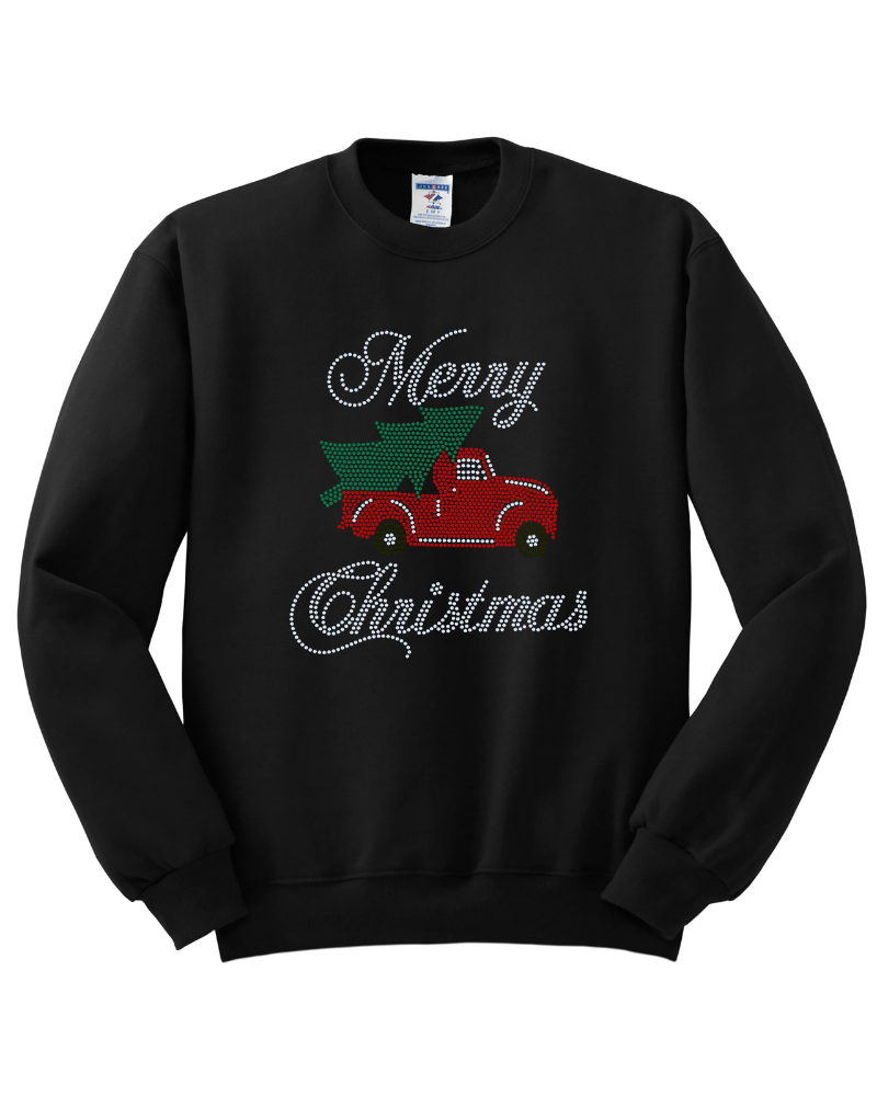 Merry Christmas Old Truck with Christmas Tree Bling Apparel – Ladies V-Neck Tee, Unisex Crewneck, Ladies Long Sleeve V-Neck Shirt, Unisex Sweatshirt