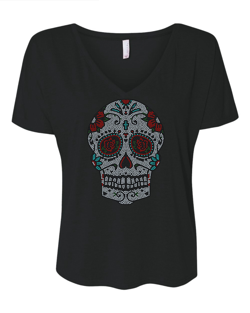Rose Sugar Cross Skull – Día de los Muertos Sparkle Bling Apparel – Ladies V-Neck Tee, Unisex Crewneck, Ladies Long Sleeve V-Neck Shirt, Unisex Sweatshirt