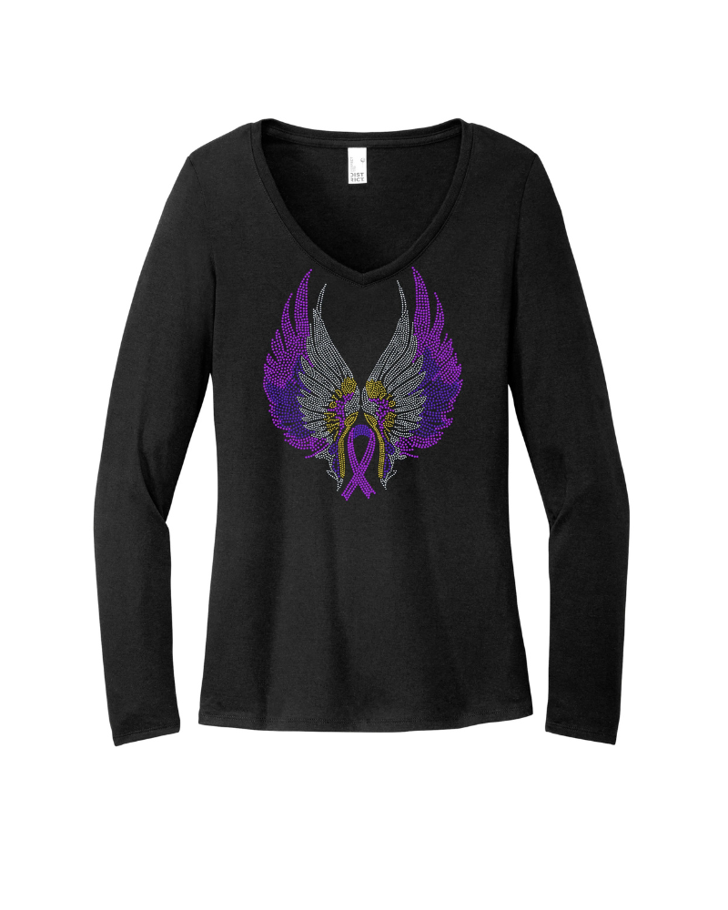 Alzheimer Butterfly Bling Apparel – Ladies V-Neck Tee, Unisex Crewneck, Ladies Long Sleeve V-Neck Shirt, Unisex Sweatshirt