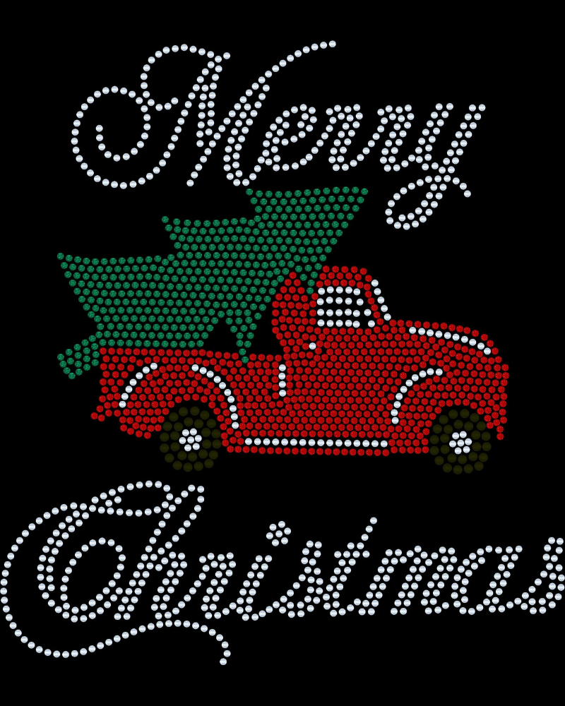 Merry Christmas Old Truck with Christmas Tree Bling Apparel – Ladies V-Neck Tee, Unisex Crewneck, Ladies Long Sleeve V-Neck Shirt, Unisex Sweatshirt
