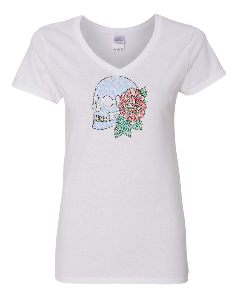 Skeleton with Rose Skull Apparel – Ladies V-Neck Tee, Unisex Crewneck, Ladies Long Sleeve V-Neck Shirt, Unisex Sweatshirt