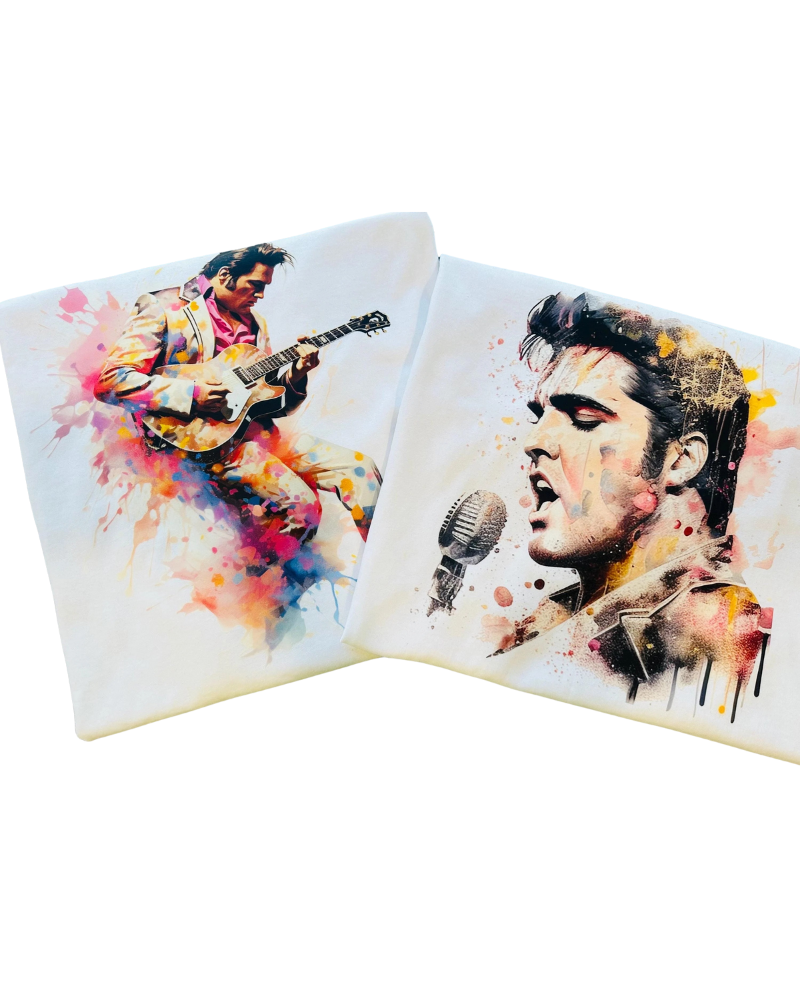 Elvis Presley Portrait Watercolor Apparel – Ladies V-Neck Tee, Unisex Crewneck, Ladies Long Sleeve V-Neck Shirt, Unisex Sweatshirt