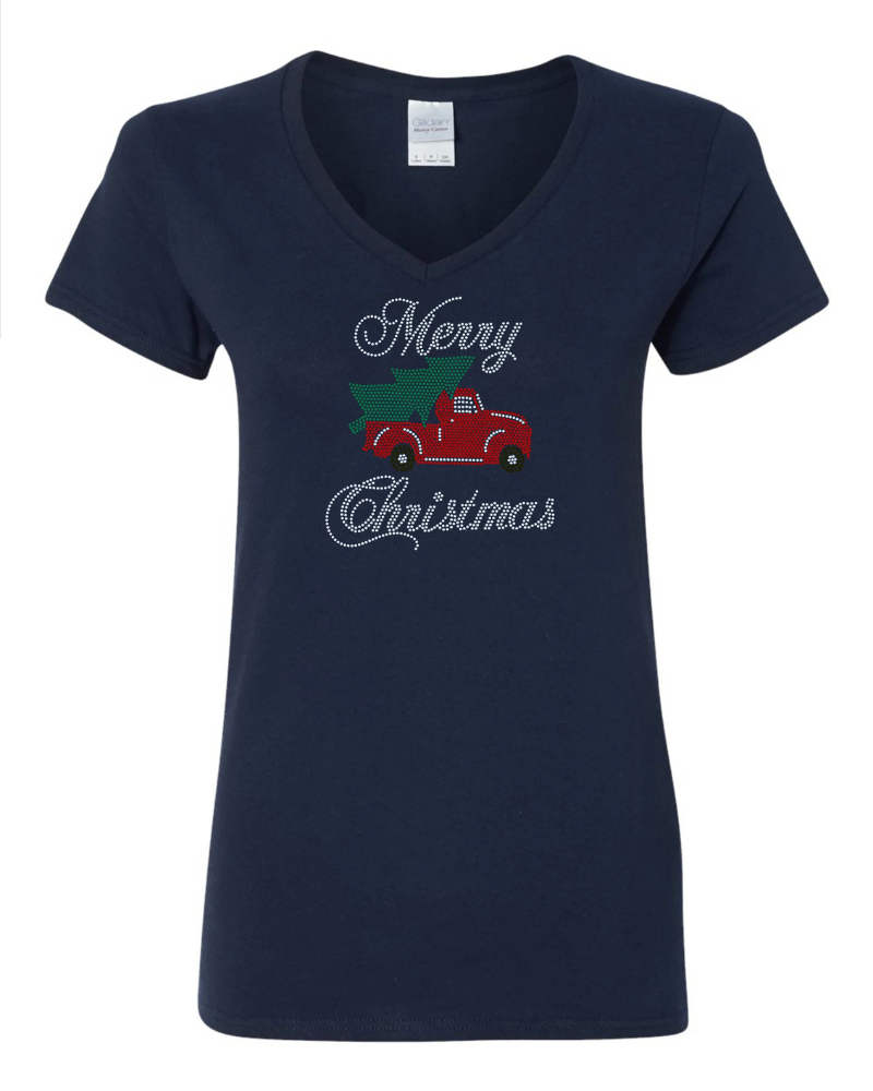 Merry Christmas Old Truck with Christmas Tree Bling Apparel – Ladies V-Neck Tee, Unisex Crewneck, Ladies Long Sleeve V-Neck Shirt, Unisex Sweatshirt