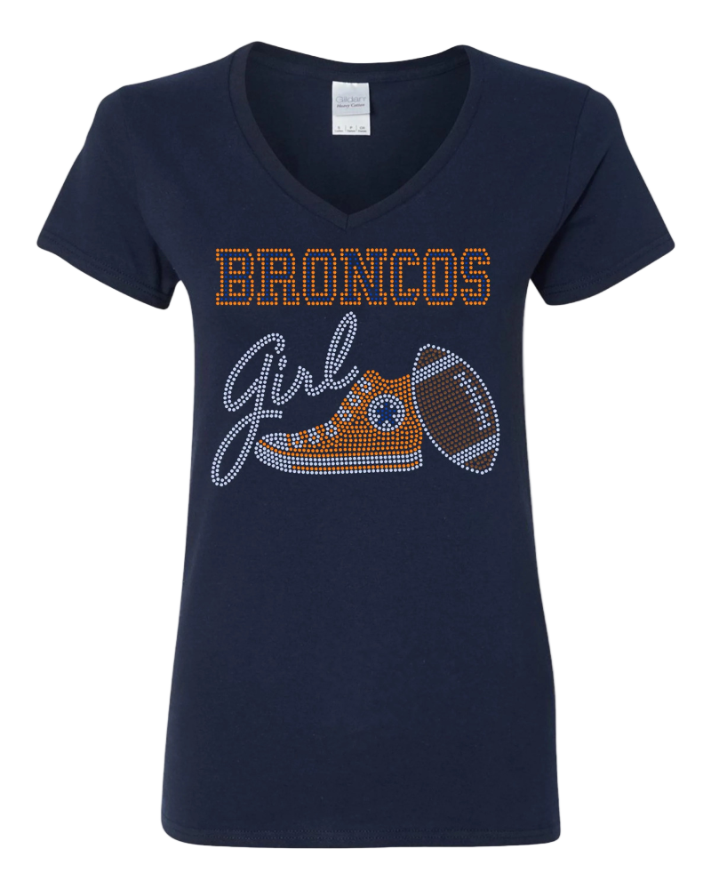 Denver Broncos Girl Tennis Shoe Football Bling Apparel -  Ladies V-Neck Tee, Unisex Crewneck, Ladies Long Sleeve V-Neck Shirt, Unisex Sweatshirt