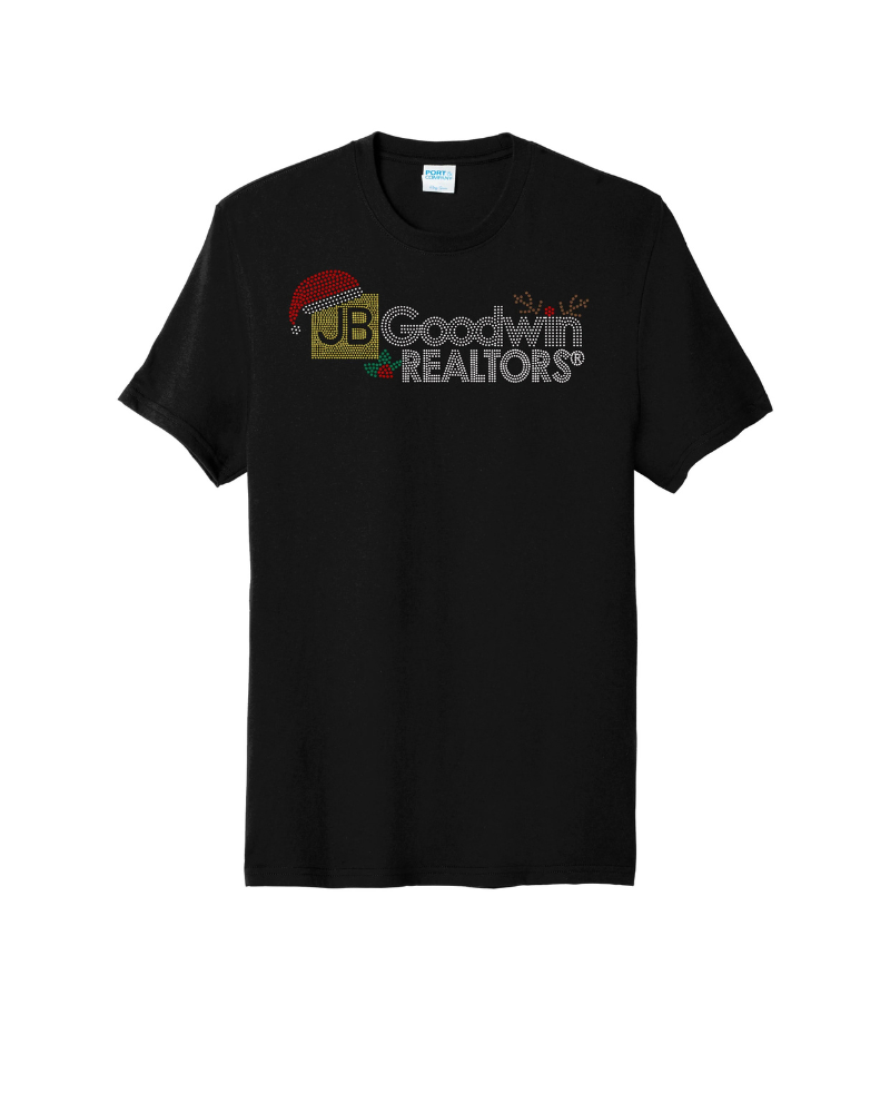 JB Goodwin REALTORS Christmas Bling Apparel – Ladies Polo, Ladies V-Neck Tee, Unisex Crewneck, Ladies Long Sleeve V-Neck Shirt, Unisex Sweatshirt