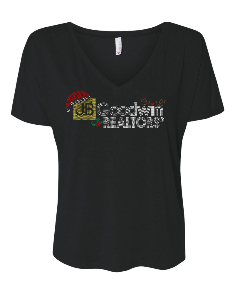 JB Goodwin REALTORS Christmas Bling Apparel – Ladies Polo, Ladies V-Neck Tee, Unisex Crewneck, Ladies Long Sleeve V-Neck Shirt, Unisex Sweatshirt