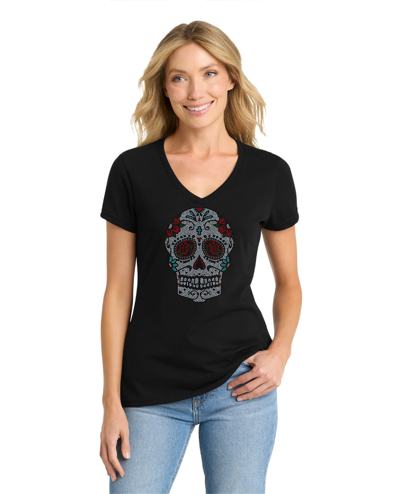 Rose Sugar Cross Skull – Día de los Muertos Sparkle Bling Apparel – Ladies V-Neck Tee, Unisex Crewneck, Ladies Long Sleeve V-Neck Shirt, Unisex Sweatshirt