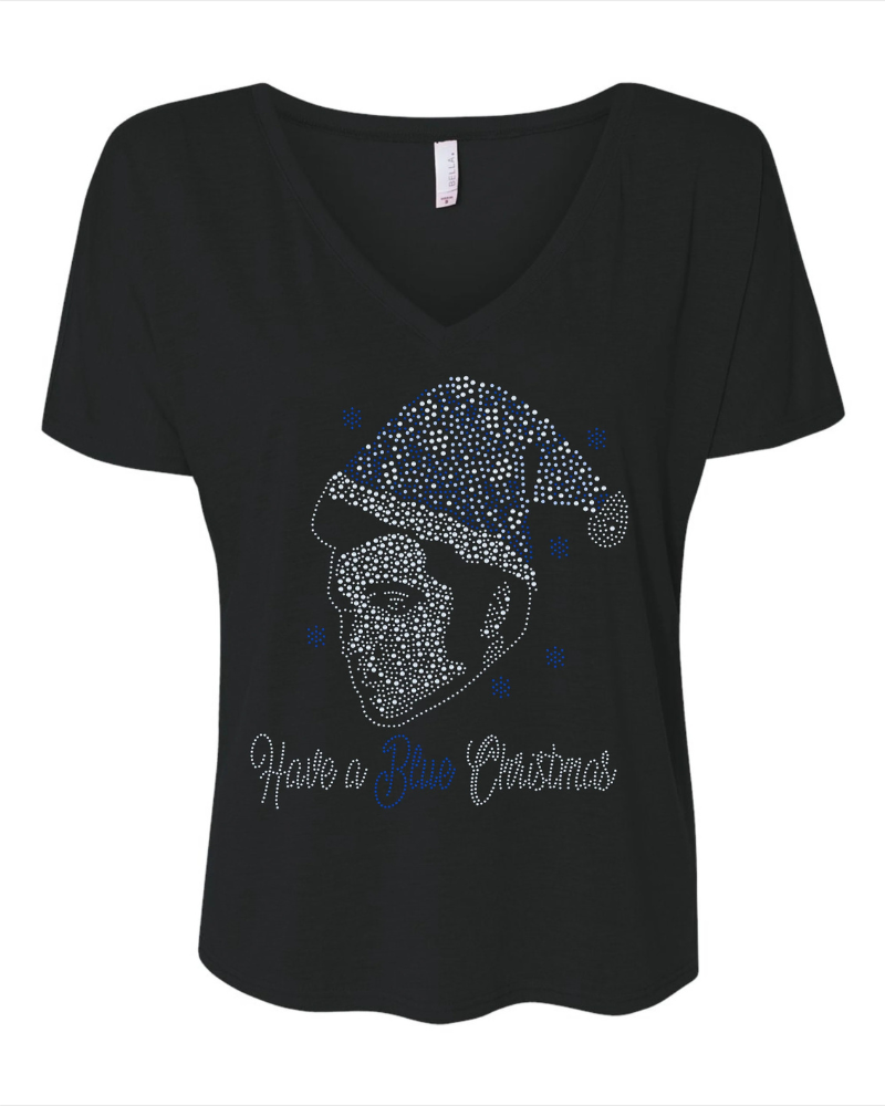 Elvis Santa's Blue Christmas Bling Sparkle Apparel – Ladies V-Neck Tee, Unisex Crewneck, Ladies Long Sleeve V-Neck Shirt, Unisex Sweatshirt