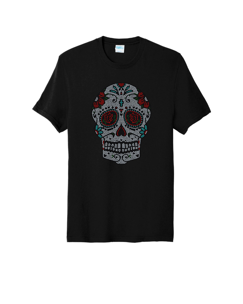 Rose Sugar Cross Skull – Día de los Muertos Sparkle Bling Apparel – Ladies V-Neck Tee, Unisex Crewneck, Ladies Long Sleeve V-Neck Shirt, Unisex Sweatshirt
