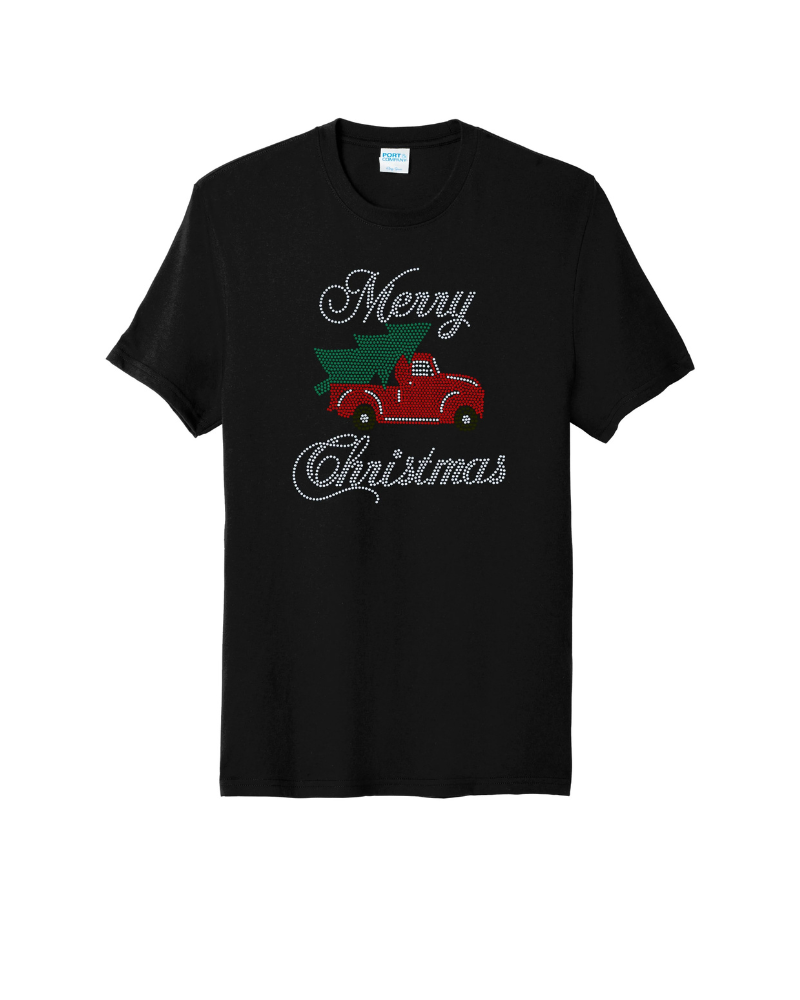 Merry Christmas Old Truck with Christmas Tree Bling Apparel – Ladies V-Neck Tee, Unisex Crewneck, Ladies Long Sleeve V-Neck Shirt, Unisex Sweatshirt