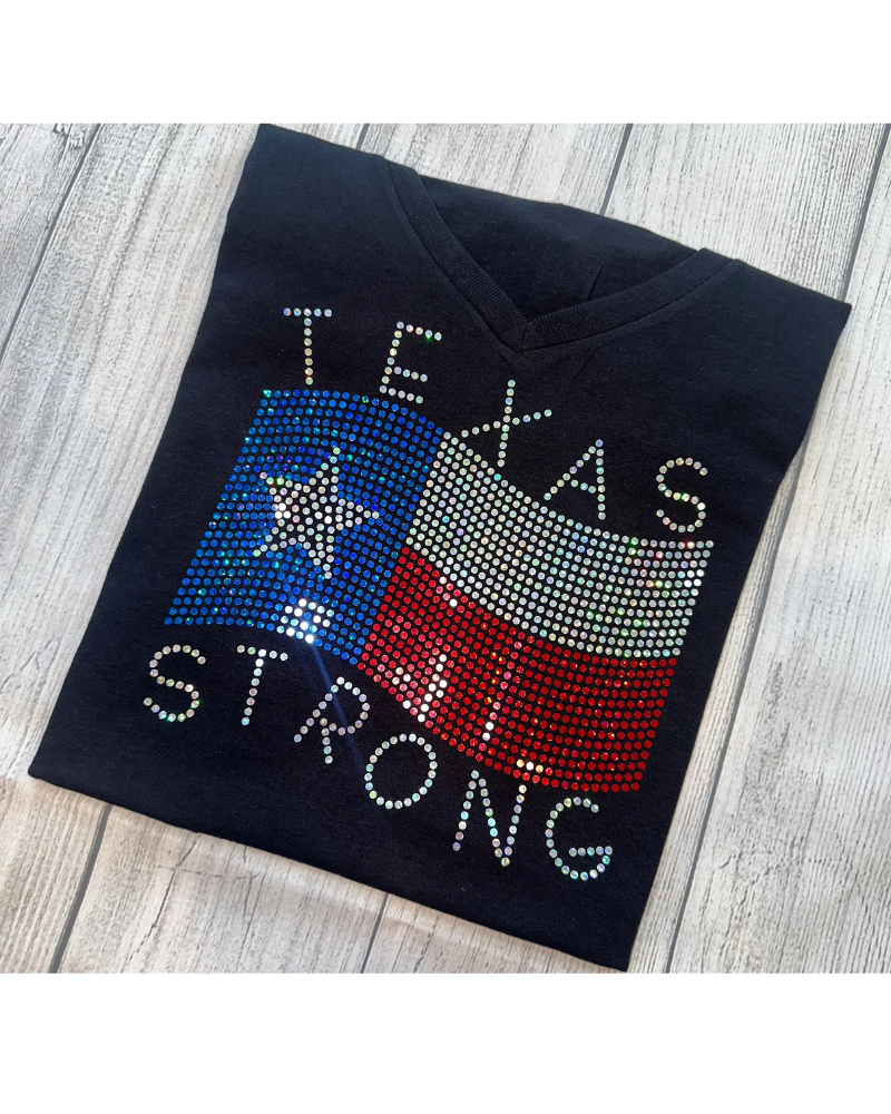 Texas Strong Flag Texas Spirit Bling Apparel -  Ladies V-Neck Tee, Unisex Crewneck, Ladies Long Sleeve V-Neck Shirt, Unisex Sweatshirt