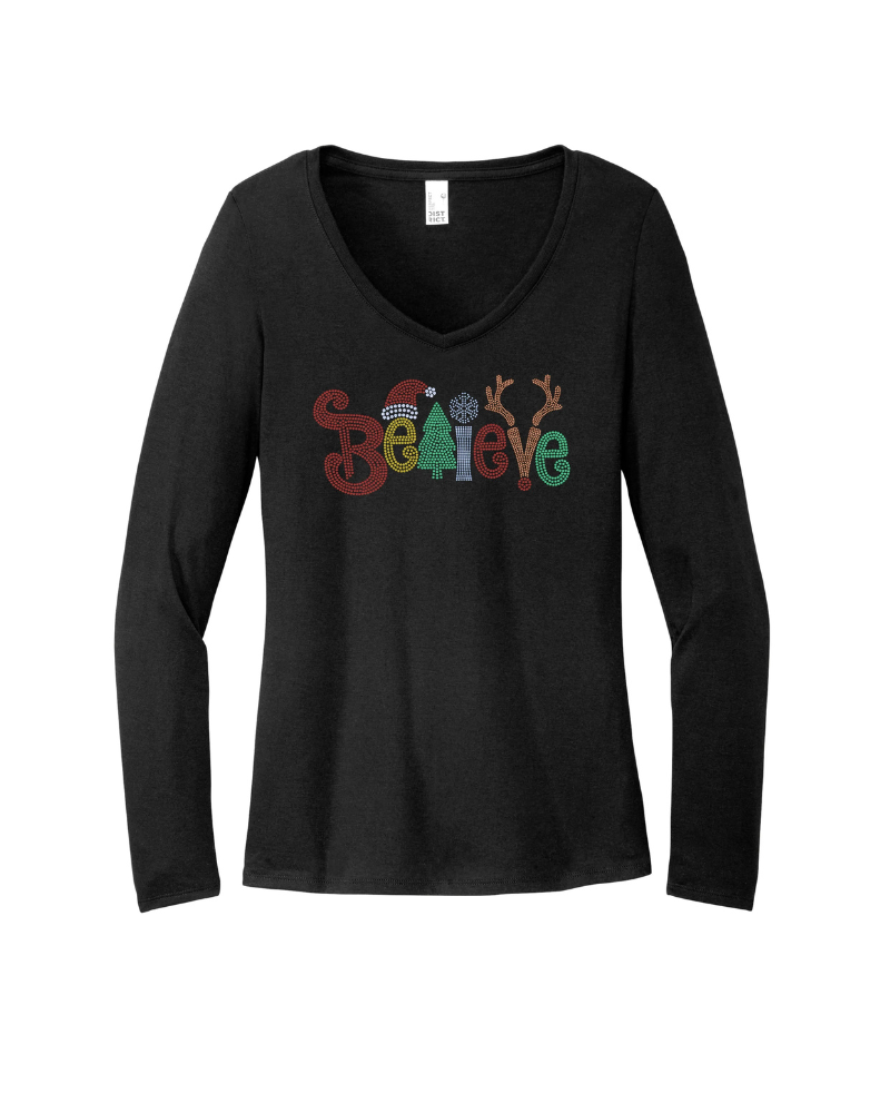 Believe Christmas Bling Apparel – Ladies V-Neck Tee, Unisex Crewneck, Ladies Long Sleeve V-Neck Shirt, Unisex Sweatshirt