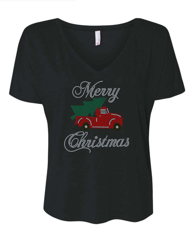 Merry Christmas Old Truck with Christmas Tree Bling Apparel – Ladies V-Neck Tee, Unisex Crewneck, Ladies Long Sleeve V-Neck Shirt, Unisex Sweatshirt
