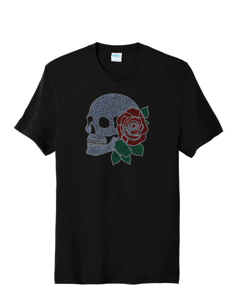 Skeleton with Rose Skull Apparel – Ladies V-Neck Tee, Unisex Crewneck, Ladies Long Sleeve V-Neck Shirt, Unisex Sweatshirt