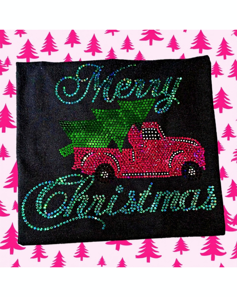 Merry Christmas Old Pink Truck with Christmas Tree Bling Apparel – Ladies V-Neck Tee, Unisex Crewneck, Ladies Long Sleeve V-Neck Shirt, Unisex Sweatshirt