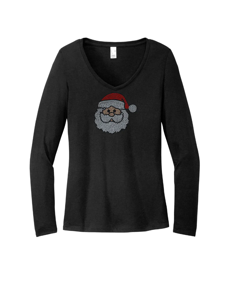 Christmas Santa Personalized Bling Apparel – Ladies V-Neck Tee, Unisex Crewneck, Ladies Long Sleeve V-Neck Shirt, Unisex Sweatshirt