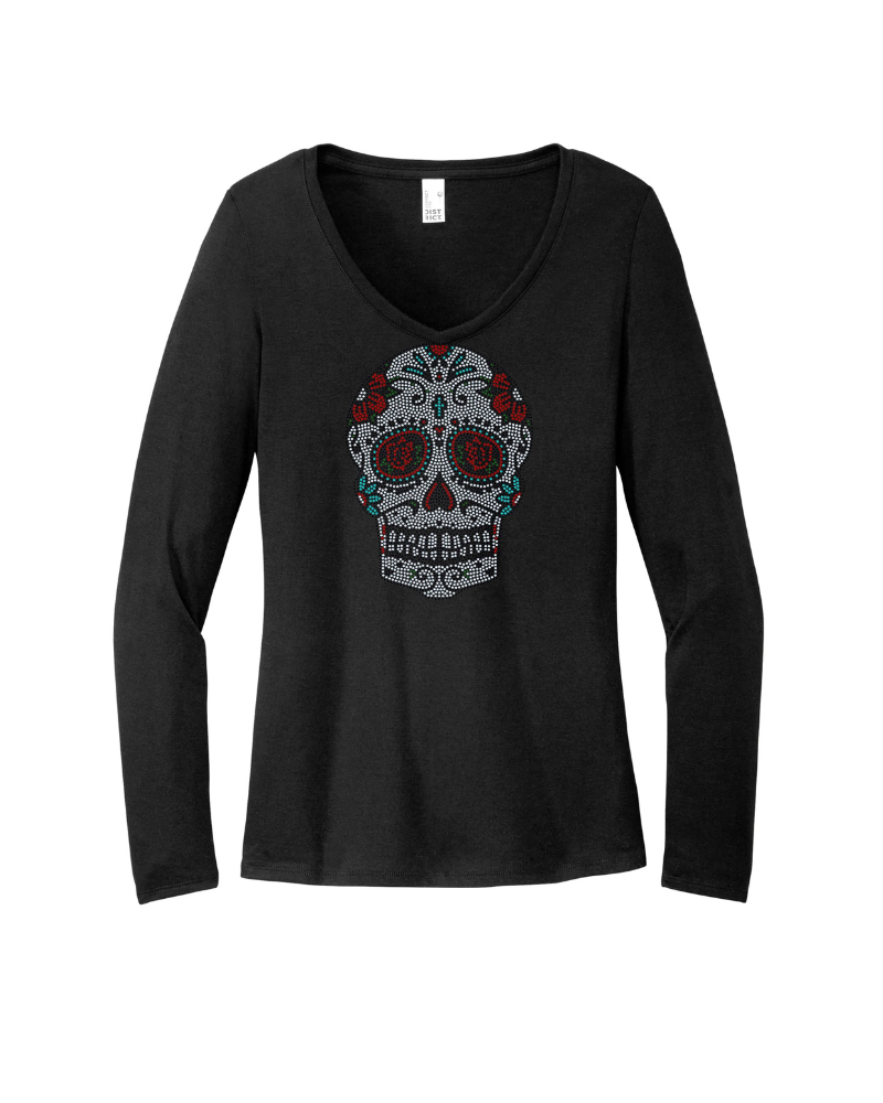 Rose Sugar Cross Skull – Día de los Muertos Sparkle Bling Apparel – Ladies V-Neck Tee, Unisex Crewneck, Ladies Long Sleeve V-Neck Shirt, Unisex Sweatshirt