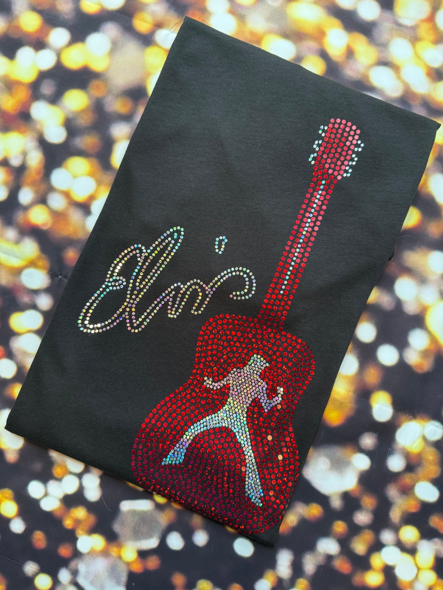 Elvis Presley Rock n Roll Guitar Bling Tee or Sweatshirt! Elvis Bling in Red and silver spangles or any custom color!