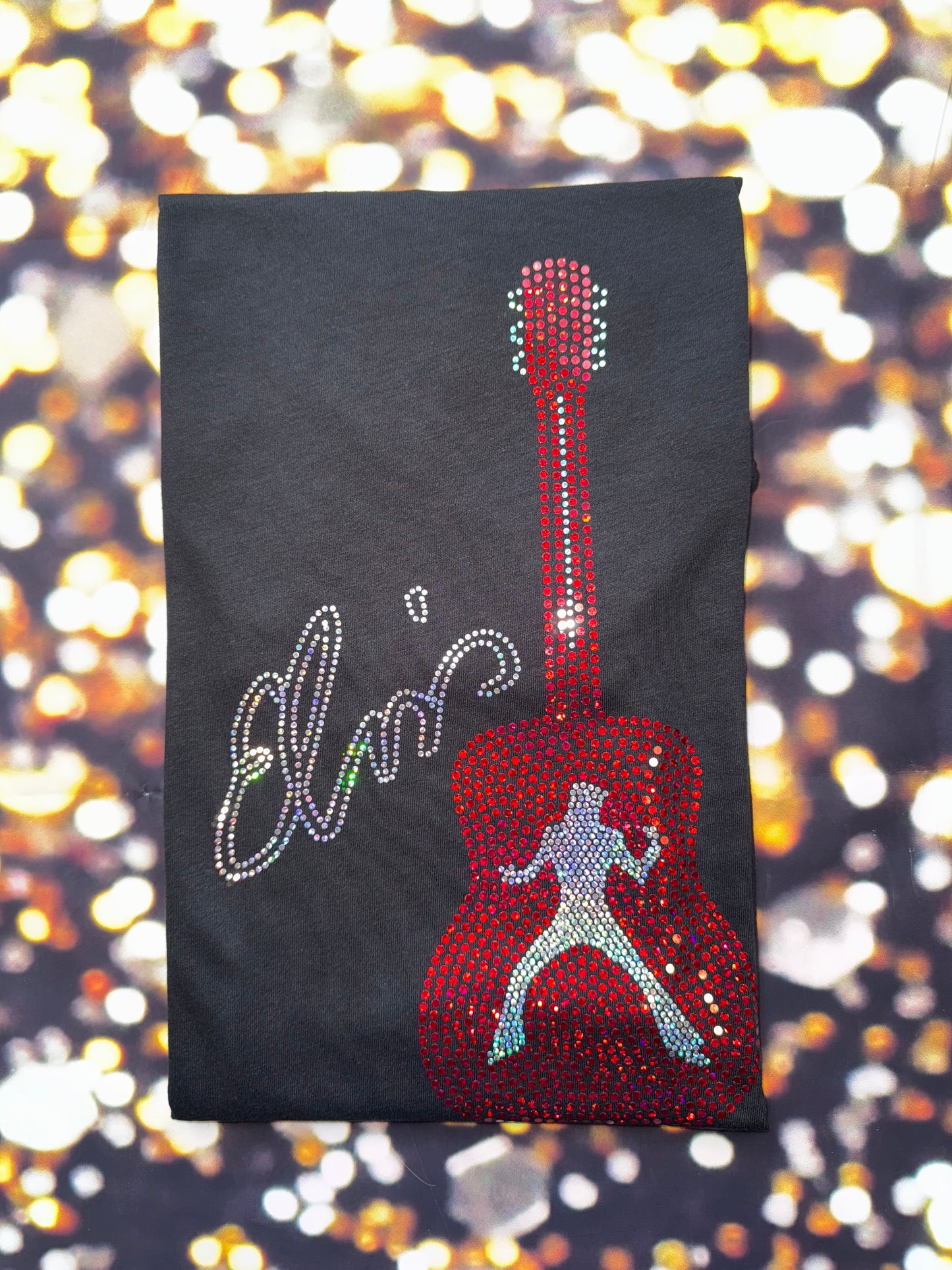 Elvis Presley Rock n Roll Guitar Bling Tee or Sweatshirt! Elvis Bling in Red and silver spangles or any custom color!