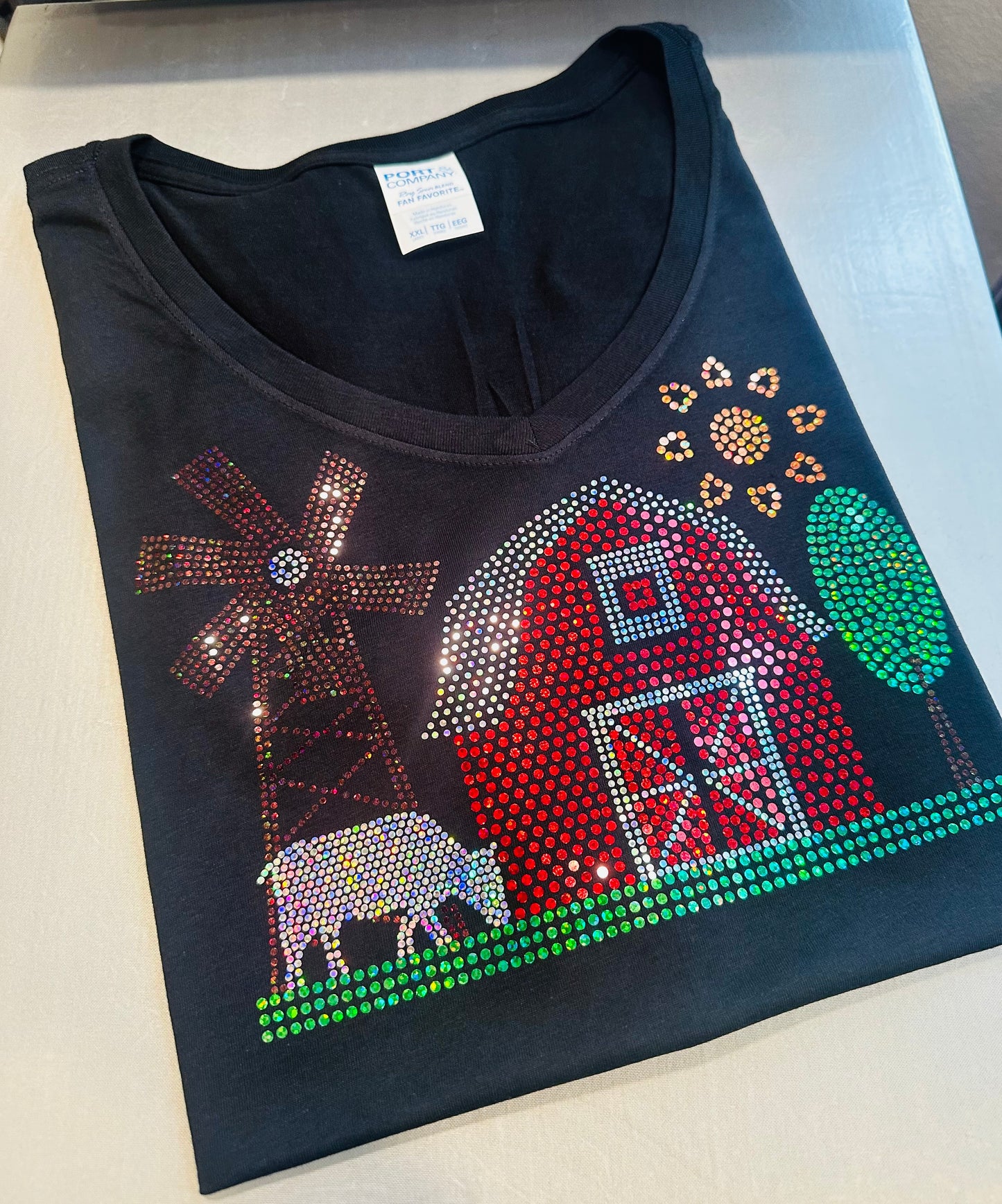 Down on the Farm Bling Tee, Sparkling Red Barn, Windmill, Grazing Cow, and Sunny Skies T-Shirt, Tee, Sweatshirt
