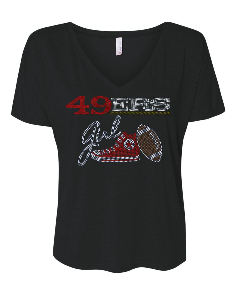 San Francisco 49ers Girl Tennis Shoe Football Bling Apparel -  Ladies V-Neck Tee, Unisex Crewneck, Ladies Long Sleeve V-Neck Shirt, Unisex Sweatshirt