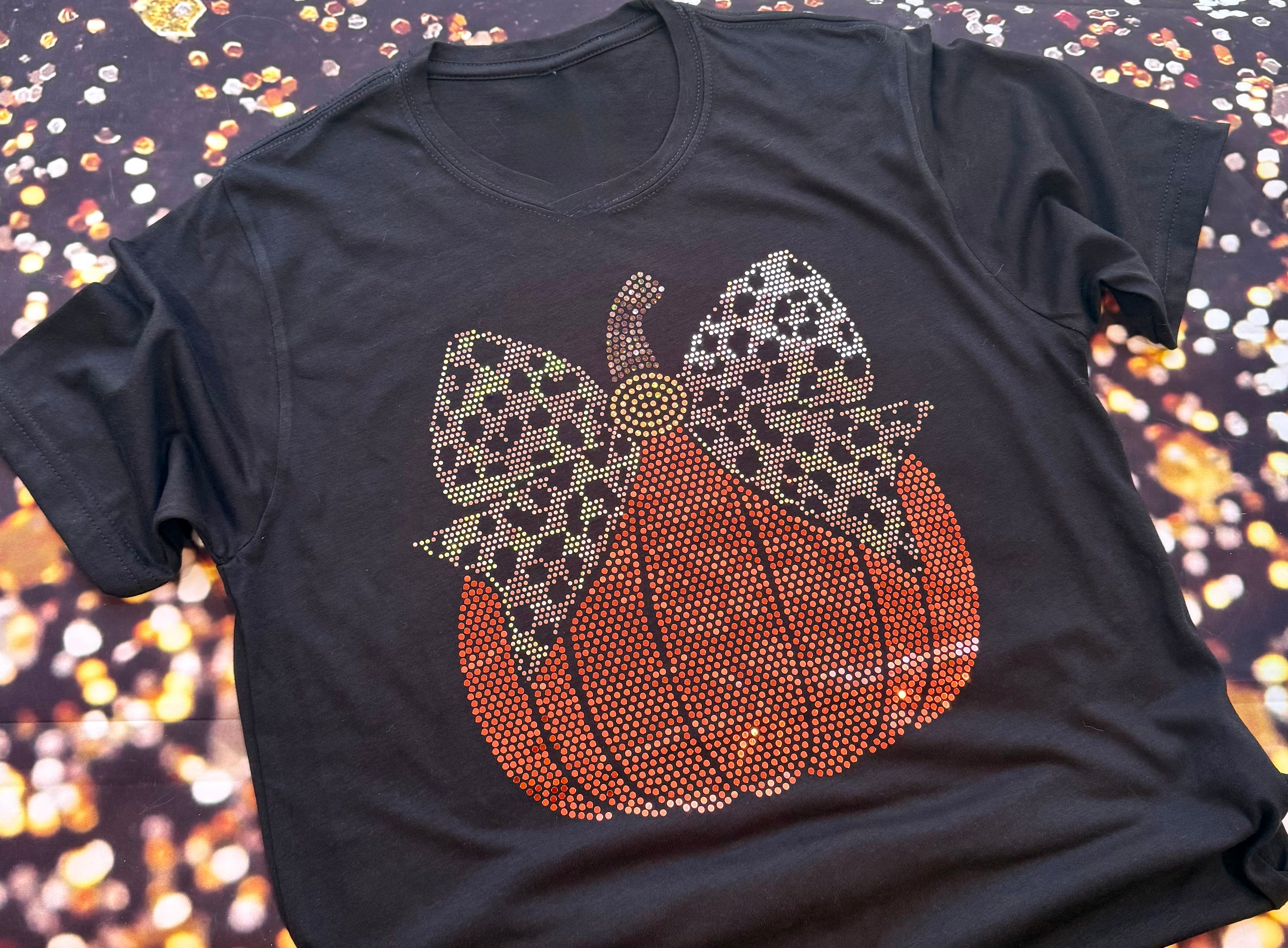 Pumpkin Sparkle Fall Bling Apparel – Ladies V-Neck Tee, Unisex Crewneck, Ladies Long Sleeve V-Neck Shirt, Unisex Sweatshirt