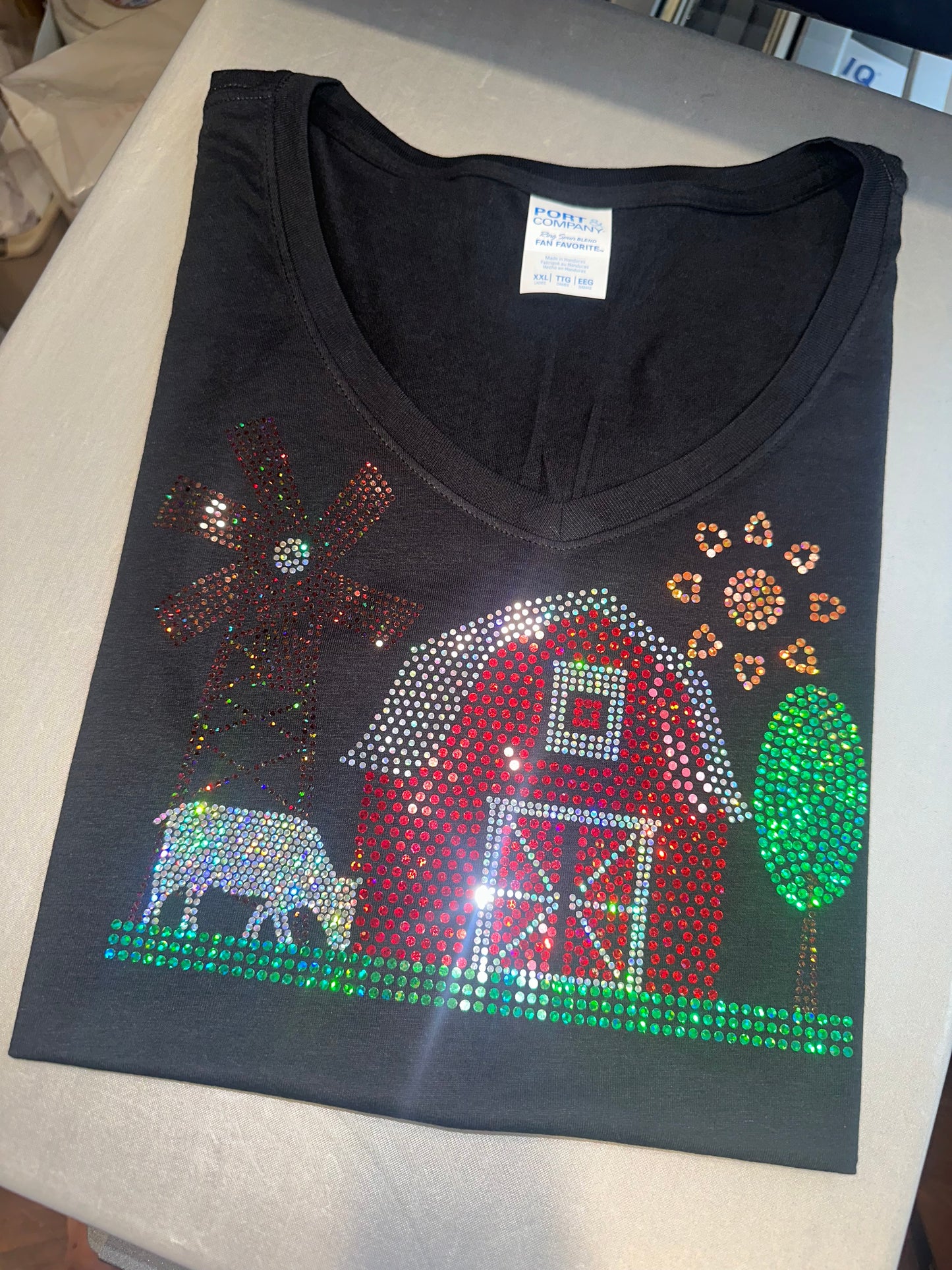 Down on the Farm Bling Tee, Sparkling Red Barn, Windmill, Grazing Cow, and Sunny Skies T-Shirt, Tee, Sweatshirt