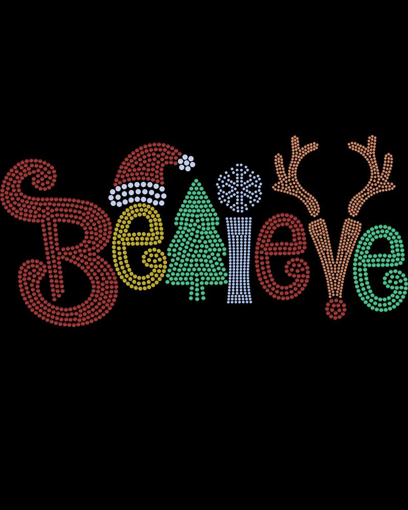 Believe Christmas Bling Apparel – Ladies V-Neck Tee, Unisex Crewneck, Ladies Long Sleeve V-Neck Shirt, Unisex Sweatshirt