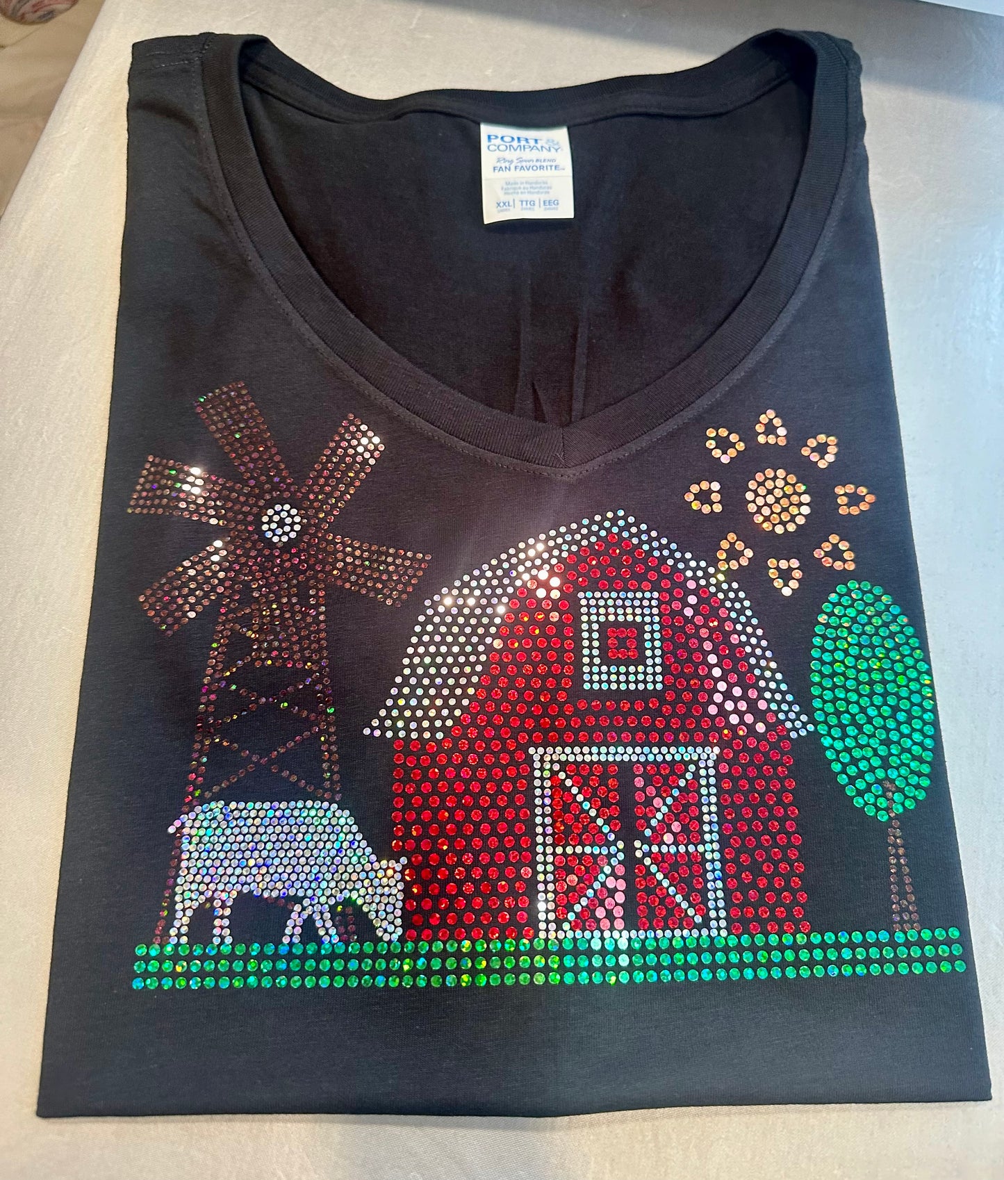 Down on the Farm Bling Tee, Sparkling Red Barn, Windmill, Grazing Cow, and Sunny Skies T-Shirt, Tee, Sweatshirt