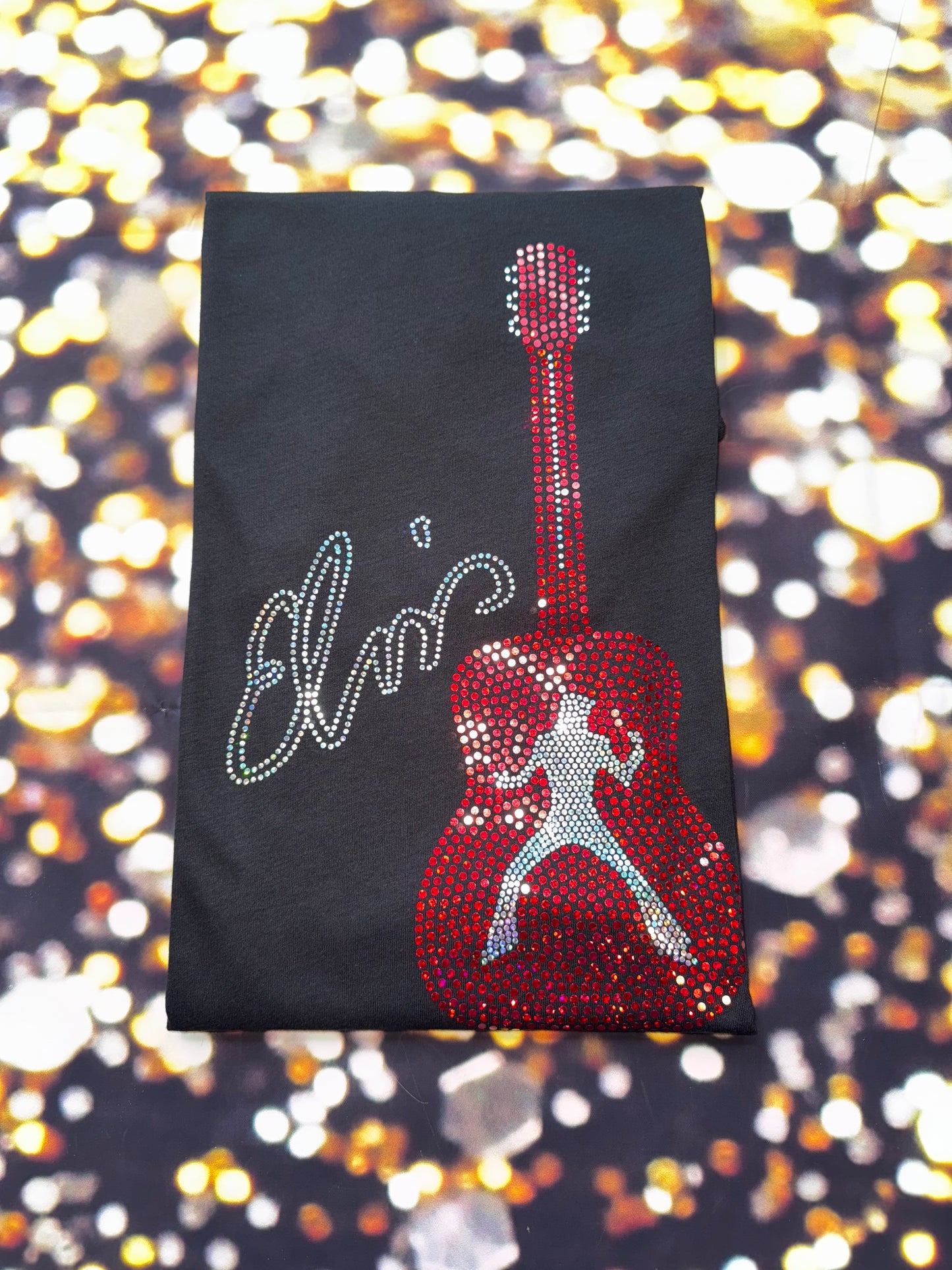 Elvis Presley Rock n Roll Guitar Bling Tee or Sweatshirt! Elvis Bling in Red and silver spangles or any custom color!