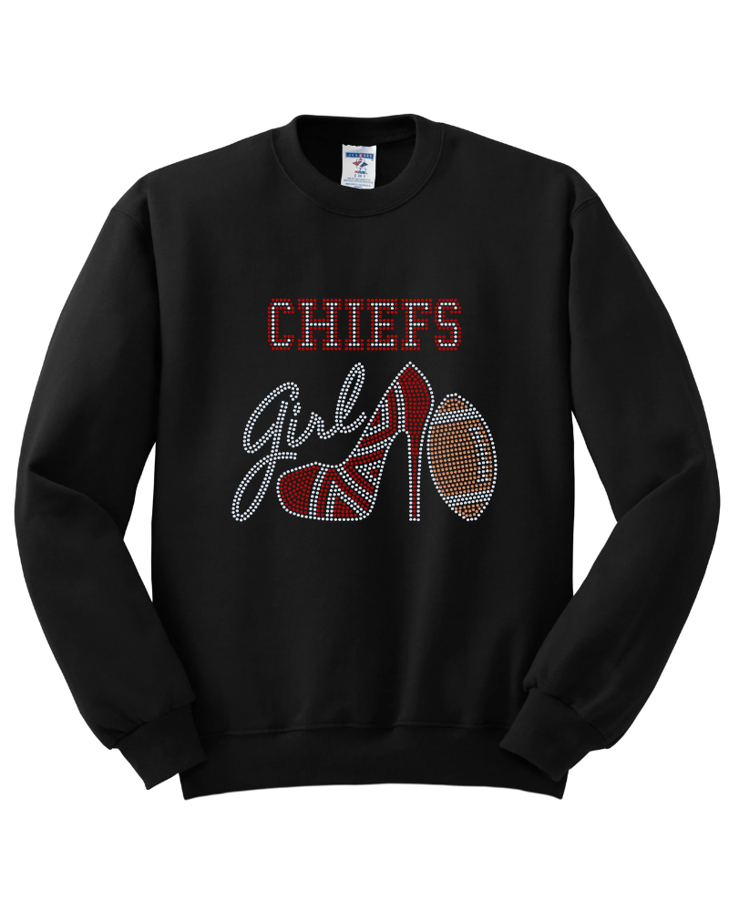Kansas City Chiefs Girl High Heel Football Bling Apparel -  Ladies V-Neck Tee, Unisex Crewneck, Ladies Long Sleeve V-Neck Shirt, Unisex Sweatshirt