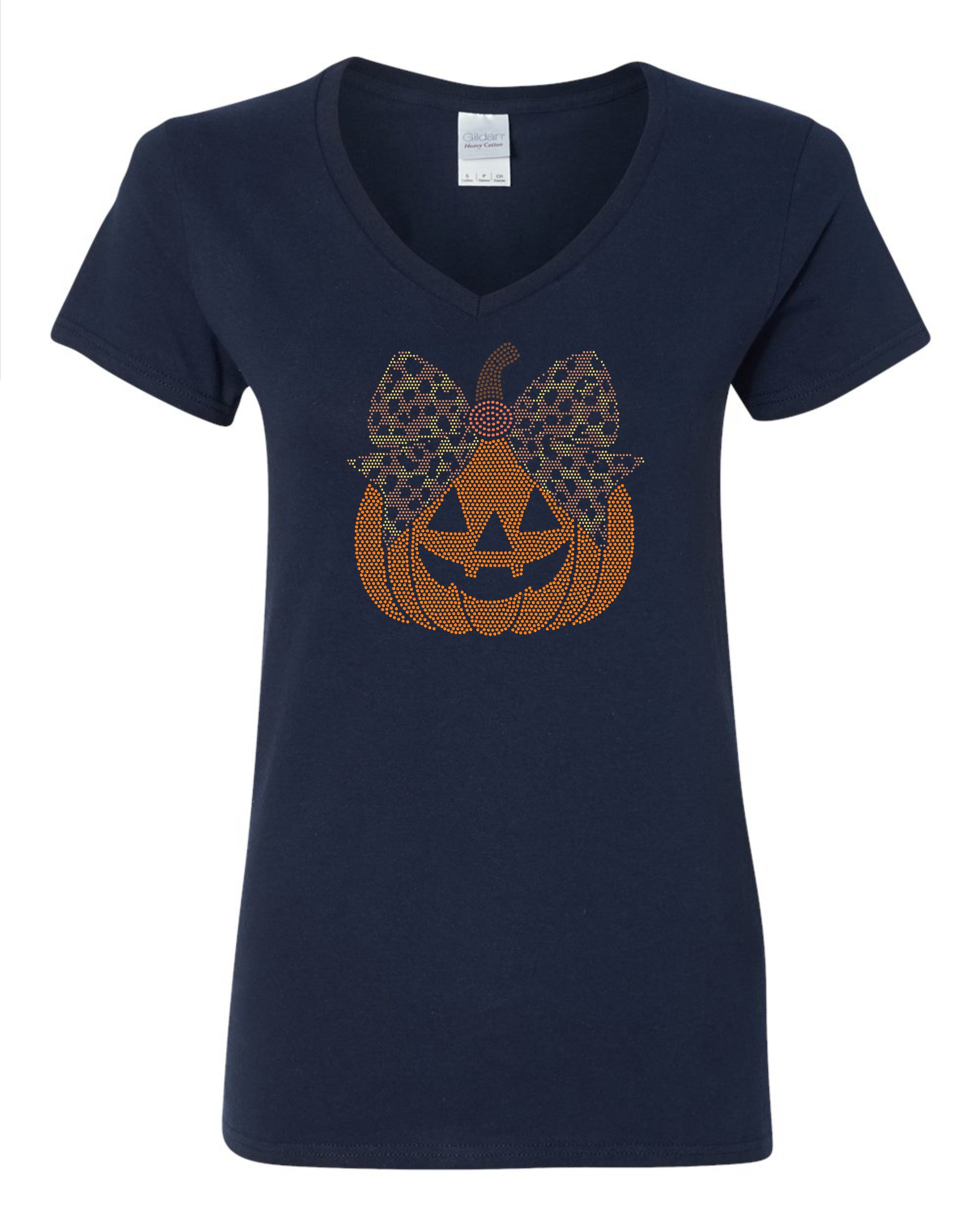 Miss Jack O Lantern Pumpkin Bling Apparel – Ladies V-Neck Tee, Unisex Crewneck, Ladies Long Sleeve V-Neck Shirt, Unisex Sweatshirt