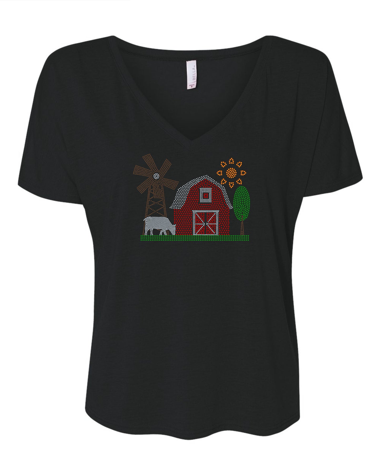 Down on the Farm Bling Tee, Sparkling Red Barn, Windmill, Grazing Cow, and Sunny Skies T-Shirt, Tee, Sweatshirt