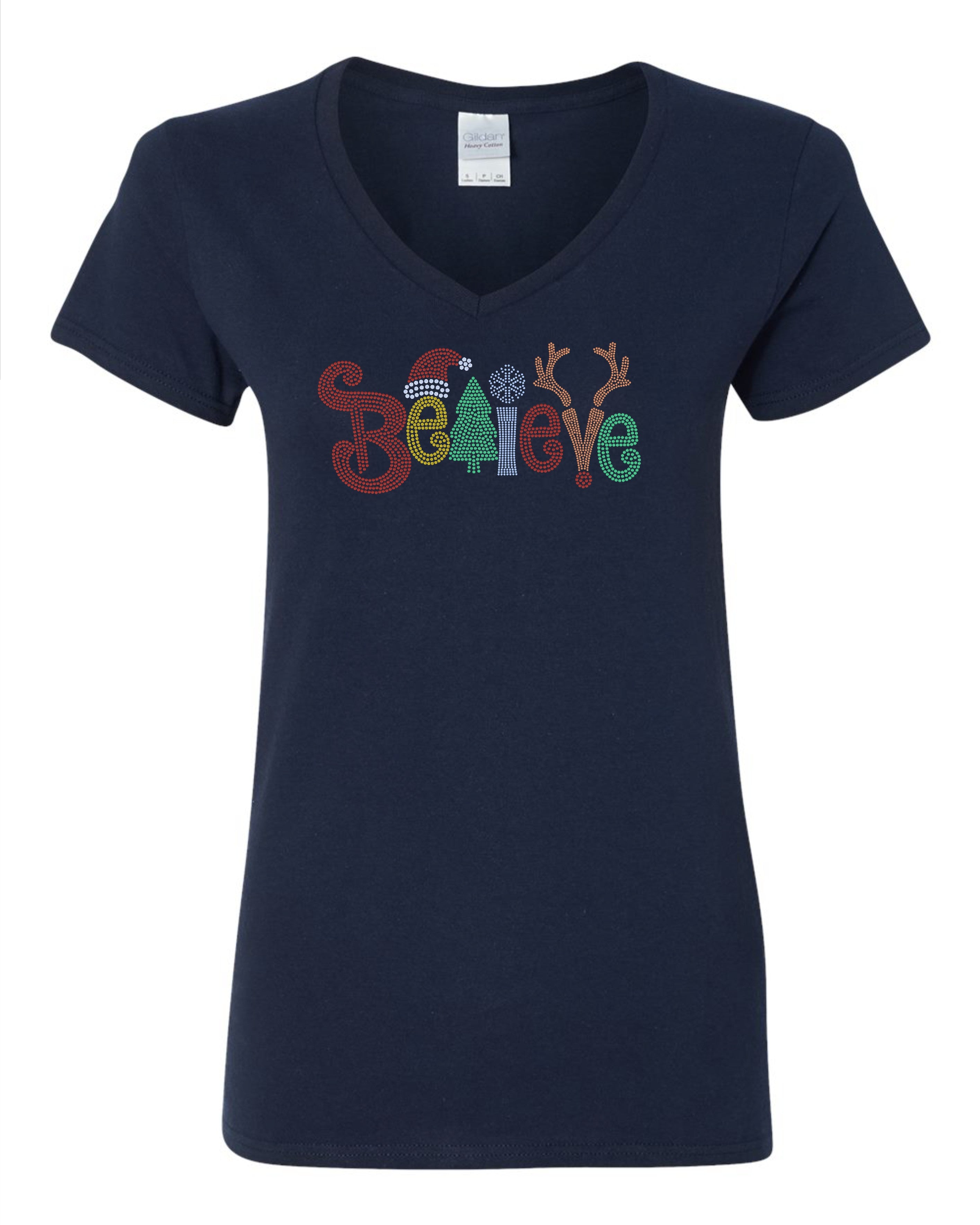 Believe Christmas Bling Apparel – Ladies V-Neck Tee, Unisex Crewneck, Ladies Long Sleeve V-Neck Shirt, Unisex Sweatshirt