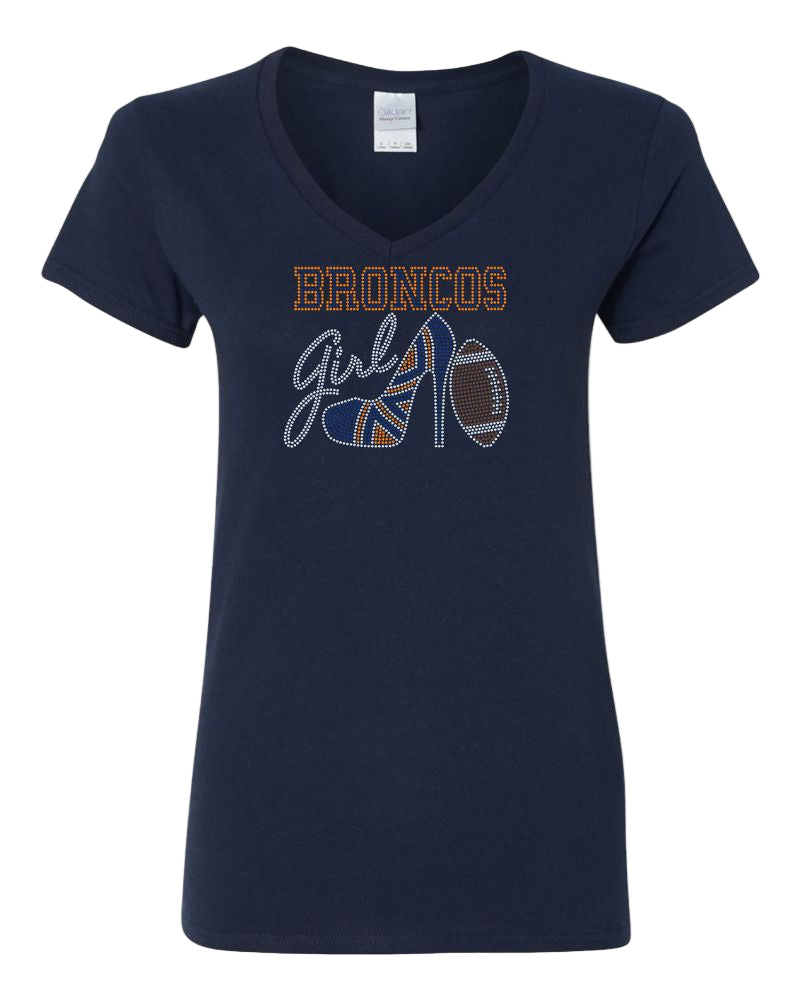 Denver Broncos Girl High Heel Football Apparel -  Ladies V-Neck Tee, Unisex Crewneck, Ladies Long Sleeve V-Neck Shirt, Unisex Sweatshirt