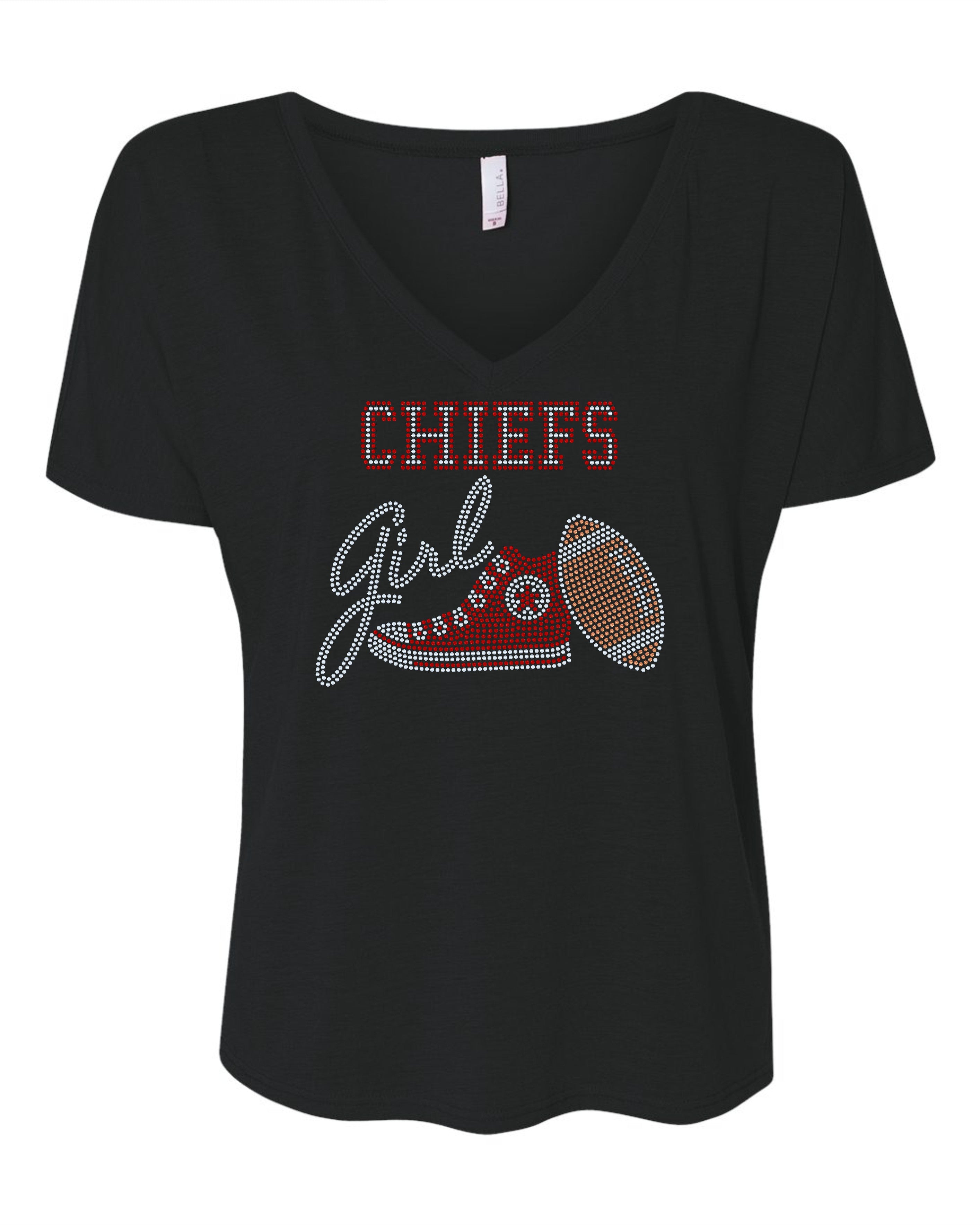 Kansas City Chiefs Girl Football Bling Apparel – Ladies V-Neck Tee, Unisex Crewneck, Ladies Long Sleeve V-Neck Shirt, Unisex Sweatshirt