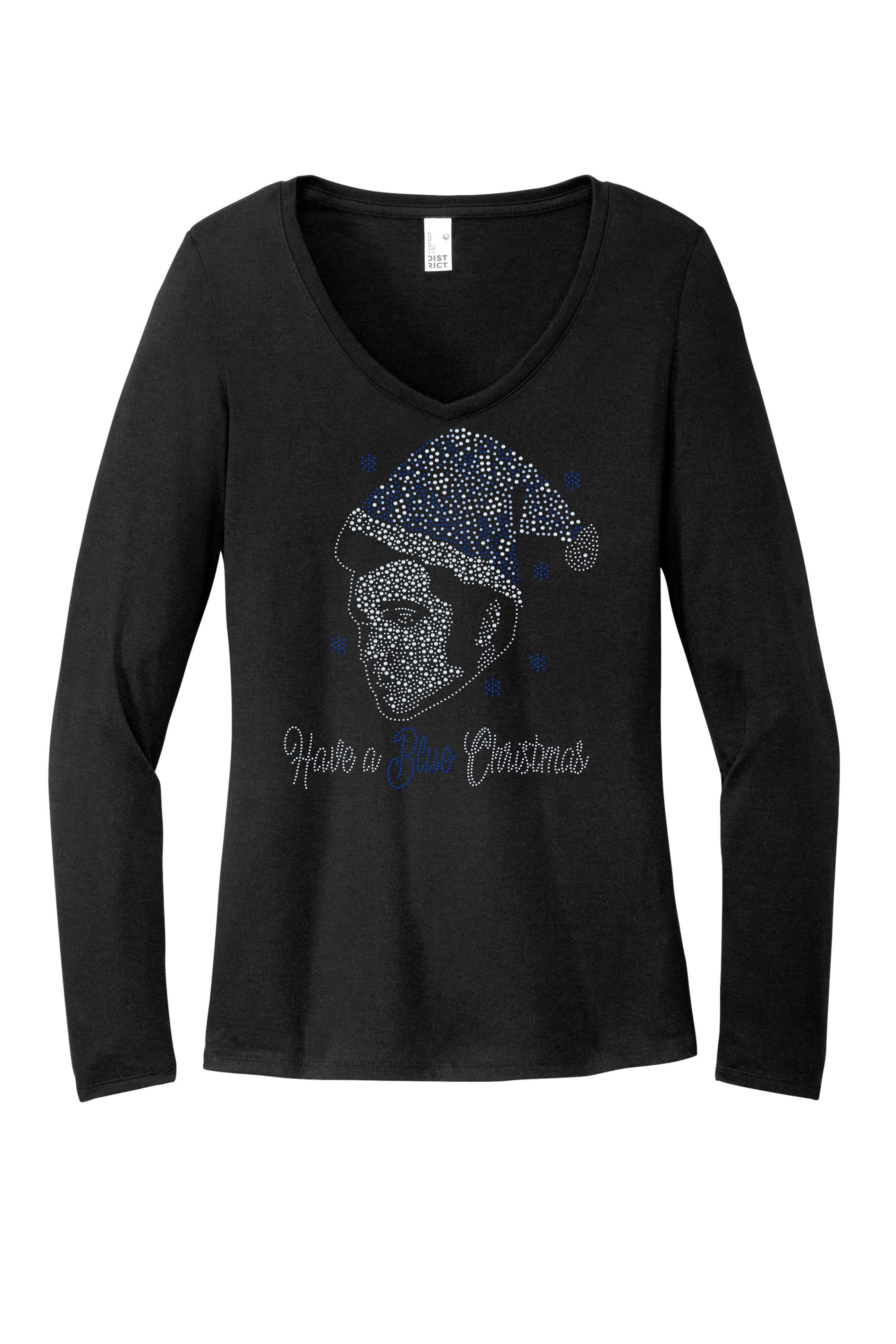 Elvis Santa's Blue Christmas Bling Sparkle Apparel – Ladies V-Neck Tee, Unisex Crewneck, Ladies Long Sleeve V-Neck Shirt, Unisex Sweatshirt