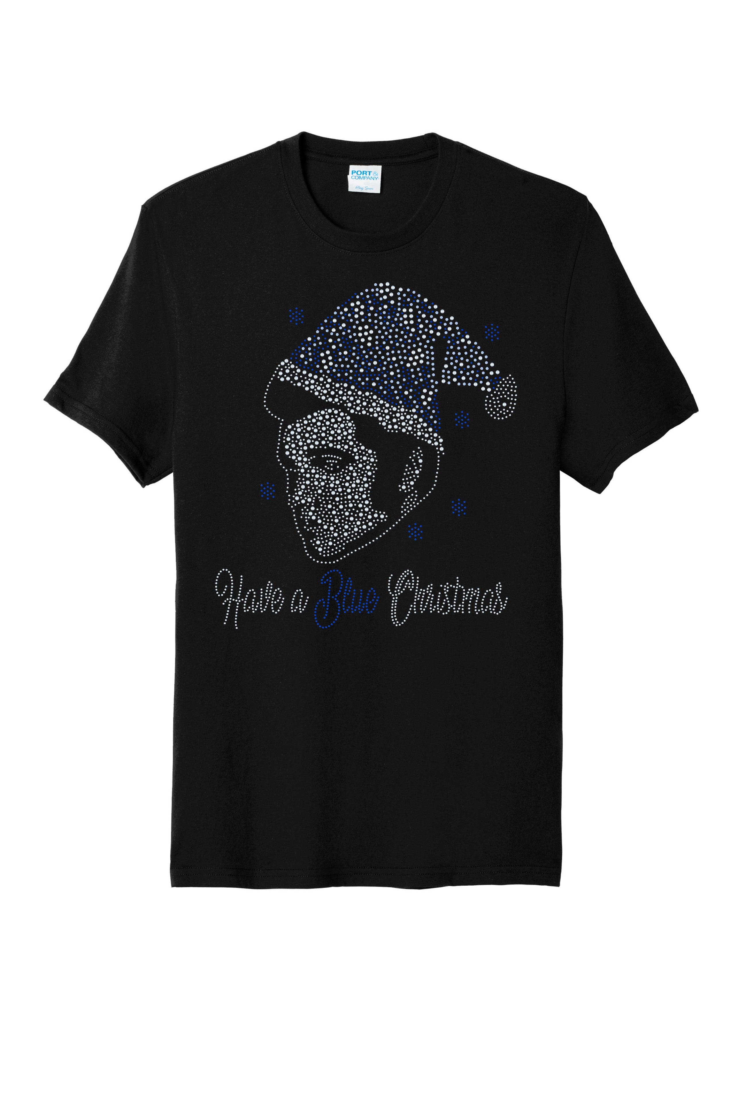Elvis Santa's Blue Christmas Bling Sparkle Apparel – Ladies V-Neck Tee, Unisex Crewneck, Ladies Long Sleeve V-Neck Shirt, Unisex Sweatshirt