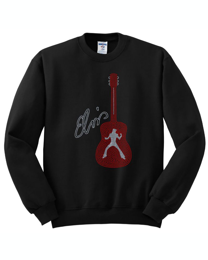 Elvis Presley Rock n Roll Guitar Bling Apparel – Ladies V-Neck Tee, Unisex Crewneck, Ladies Long Sleeve V-Neck Shirt, Unisex Sweatshirt