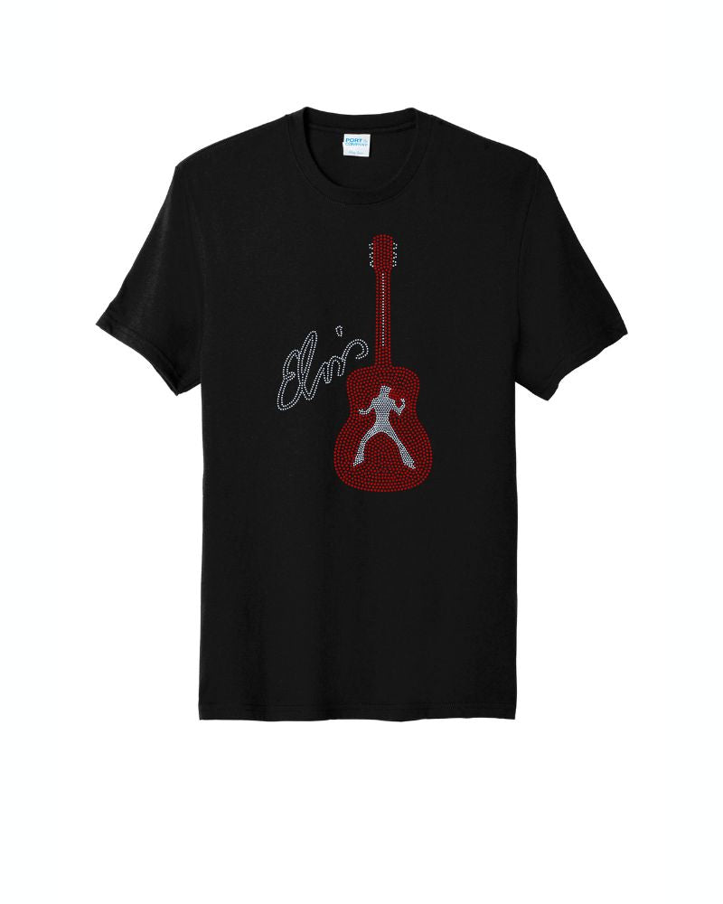 Elvis Presley Rock n Roll Guitar Bling Apparel – Ladies V-Neck Tee, Unisex Crewneck, Ladies Long Sleeve V-Neck Shirt, Unisex Sweatshirt