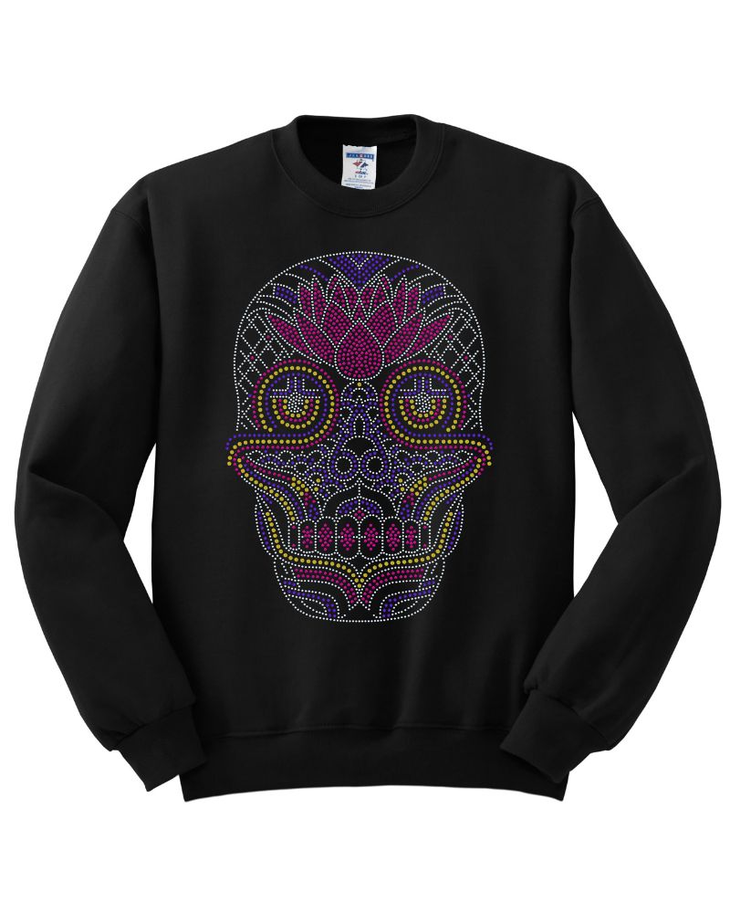 Sugar Skull – Día de los Muertos Sparkle Bling Apparel – Ladies V-Neck Tee, Unisex Crewneck, Ladies Long Sleeve V-Neck Shirt, Unisex Sweatshirt