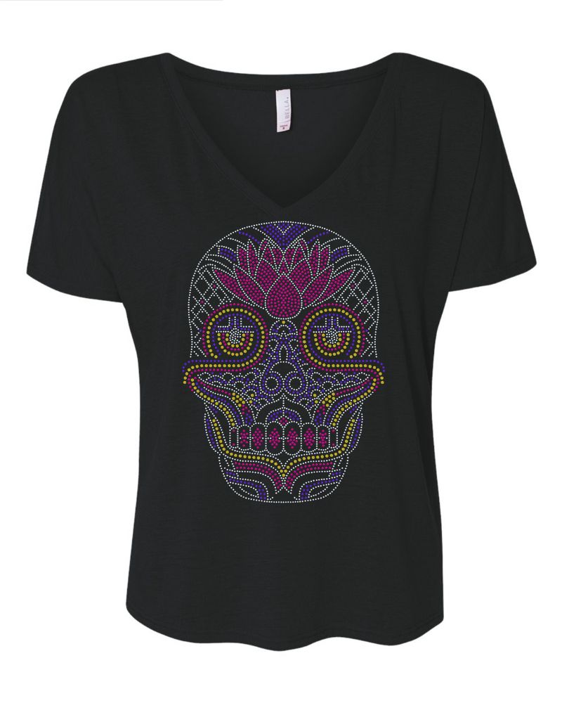 Sugar Skull – Día de los Muertos Sparkle Bling Apparel – Ladies V-Neck Tee, Unisex Crewneck, Ladies Long Sleeve V-Neck Shirt, Unisex Sweatshirt