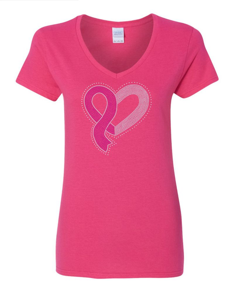 Heart of Hope Breast Cancer Awareness Ribbon Apparel – Ladies V-Neck Tee, Unisex Crewneck, Ladies Long Sleeve V-Neck Shirt, Unisex Sweatshirt Choose your Ribbon Color Bling