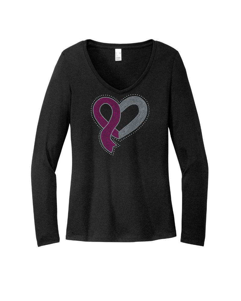 Heart of Hope Breast Cancer Awareness Ribbon Apparel – Ladies V-Neck Tee, Unisex Crewneck, Ladies Long Sleeve V-Neck Shirt, Unisex Sweatshirt Choose your Ribbon Color Bling