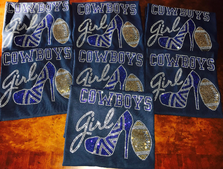 Dallas Cowboys Bling Tee, Bling High Heel Shoe, Cowboys Girl, Optional Personalization Name & Number Tee! - Stitch N Bling