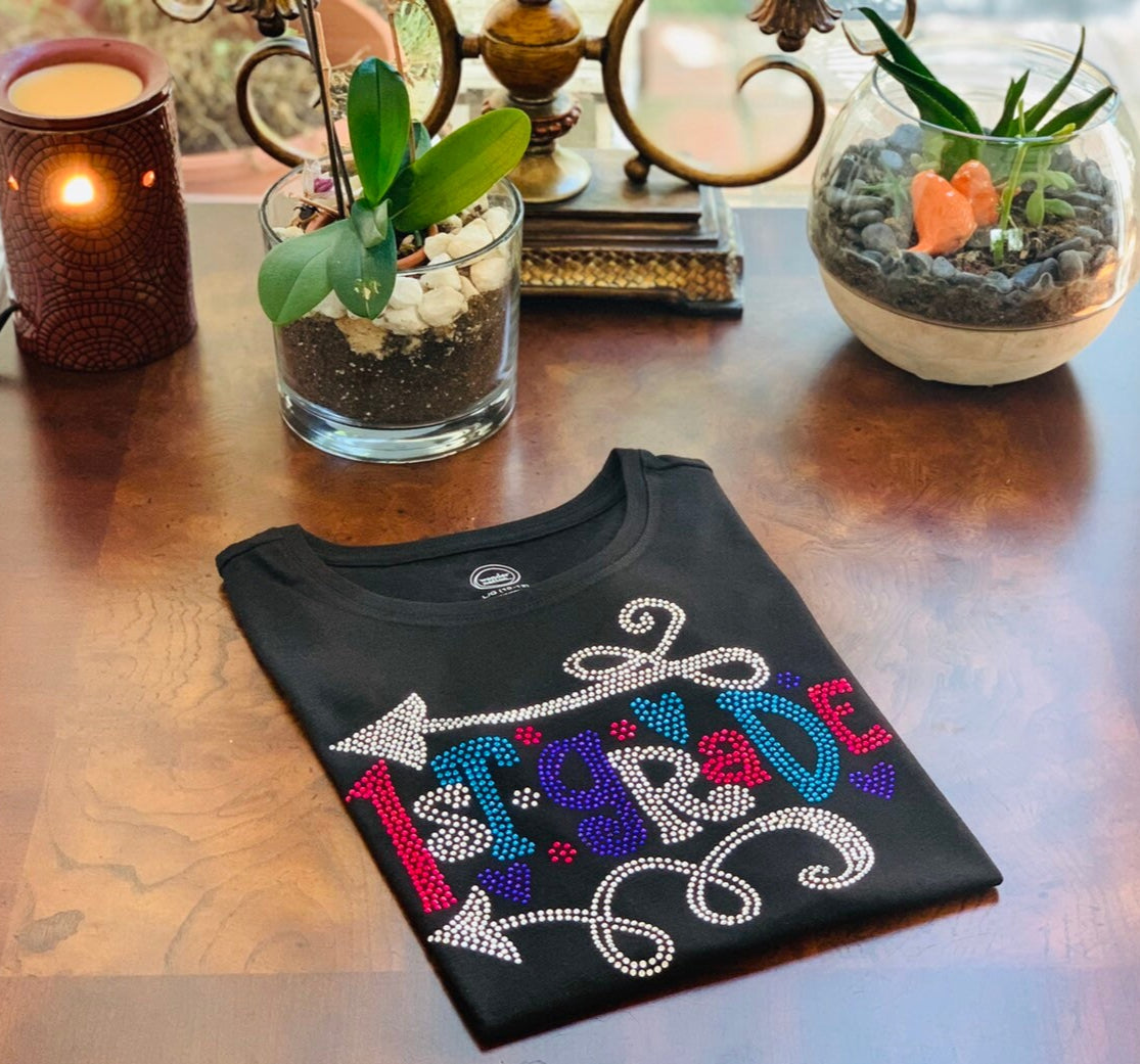 Bling Youth Grade School Tees, Back to School Tees, Arrow Accents, First Grade Bling Tee, 1st Grade, 2nd Grade, 3rd, 4th, 5th Grade Tee - Stitch N Bling
