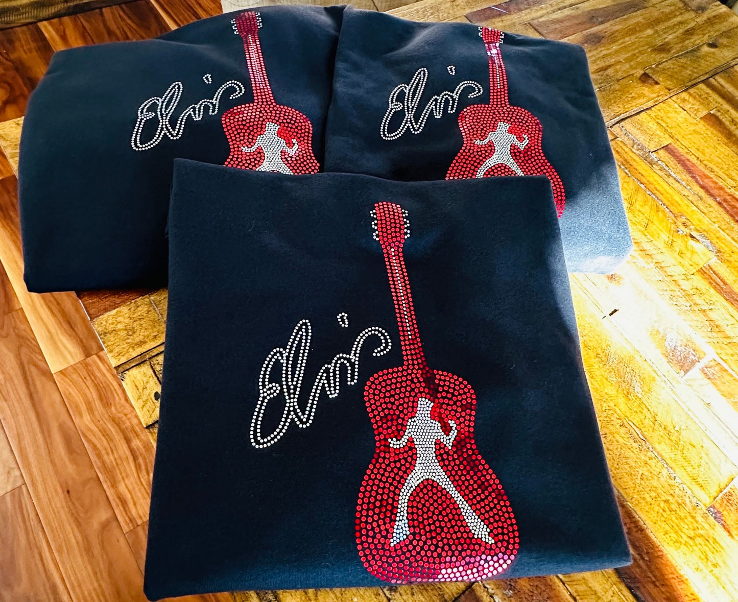 Elvis Presley Rock n Roll Guitar Bling Tee or Sweatshirt! Elvis Bling in Red and silver spangles or any custom color! - Stitch N Bling