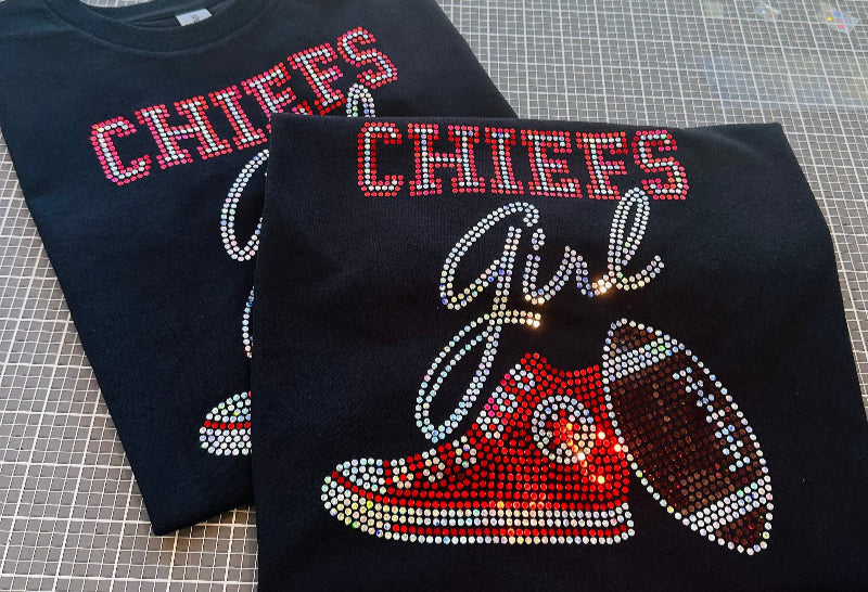 Personalized Kansas City Chiefs Bling Tee, Converse Tennis Shoe, Chiefs Girl, Personalization Optional! Long sleeve and Sweatshirts! - Stitch N Bling